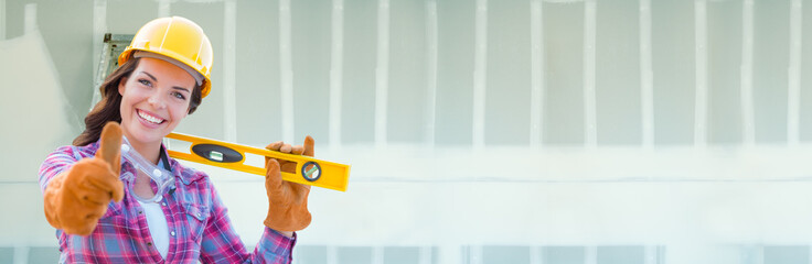Female Contractor Wearing Hard Hat Against Dywall Banner Background with Ladder