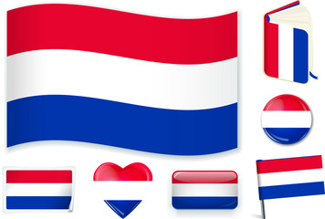 Dutch national flag vector illustration in different shapes.