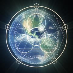 Mystical geometry symbol. Linear alchemy, occult, philosophical sign. Sacramental design. Astrology and religion concept. Elements of this image furnished by NASA. Earth image