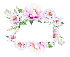 Beautiful white peony frame. Bouquet of flowers. Floral print. Marker drawing. Watercolor painting. Wedding and birthday composition. Greeting card. Flower painted background. Hand drawn illustration.