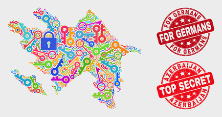 Safeguard Azerbaijan map and stamps. Red rounded Top Secret and For Germans distress stamps. Colorful Azerbaijan map mosaic of different safeguard items. Vector combination for security purposes.