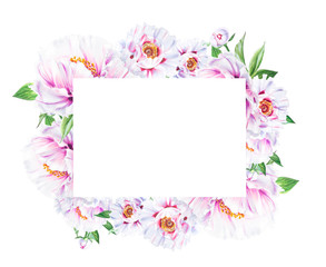 Beautiful white peony frame. Bouquet of flowers. Floral print. Marker drawing. Watercolor painting. Wedding and birthday composition. Greeting card. Flower painted background. Hand drawn illustration.