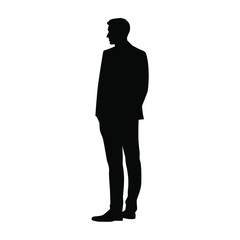 Vector silhouette of a man in a business suit standing, black color isolated on white background