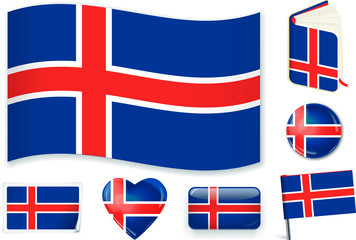 Iceland national flag vector illustration in different shapes.