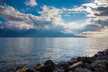 Fotobehang Beautiful landscape of the Alps on Lake Geneva at Montreux, Switzerland © canjoena