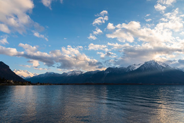 Beautiful sunset and snow mountains at Lake Geneva‎, Montreux, Switzerland