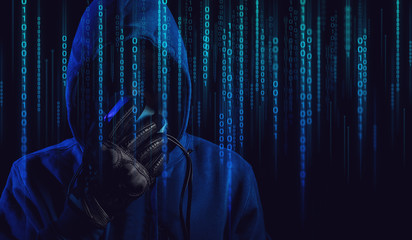 data deep learning, internet hacker with blue hood outfit and mask with glove on dark background in...
