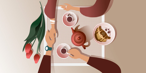 The morning date in a cafe. Top view vector mockup for a layout landing page or design advertising leaflet.
