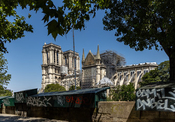 Paris, FRANCE - June 27, 2019: Cath drale Notre-Dame de Paris construction and refurbishment...