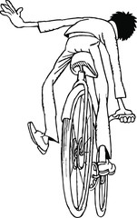 young man rides bike, hand drawing