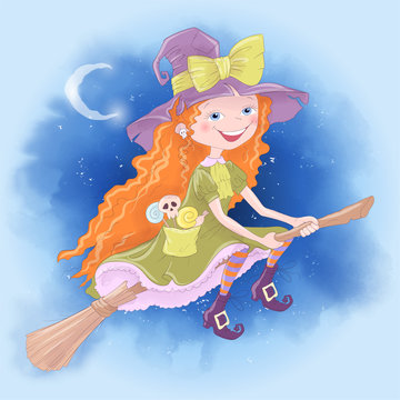 Cute cartoon illustration with girl witch. Postcard poster print for the holiday Halloween.