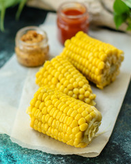 corn boiled, portioned, serving size (vegetable snack). Top view. copy space