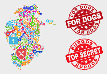 Security Burgos Province map and seals. Red rounded Top Secret and For Dogs scratched seals. Colorful Burgos Province map mosaic of different shield elements. Vector collage for security purposes.