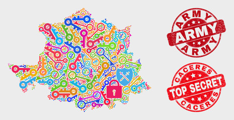 Safety Caceres Province map and stamps. Red rounded Top Secret and Army grunge seal stamps. Colored Caceres Province map mosaic of different passkey elements. Vector combination for guard purposes.