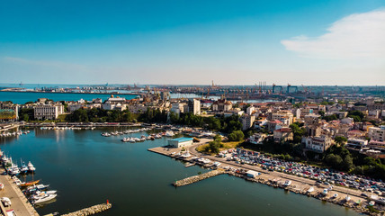 Fototapeta na wymiar Aerial view of port and old town in Constanta, tourist and industrial town and popular resort in Romania.