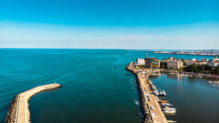 Aerial view of port and old town in Constanta, tourist and industrial town and popular resort in Romania.