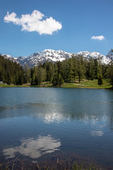 View of a small lake, green meadows in front of high mountains at blue sky in the Swiss Alps in the Davos / Kloster area.