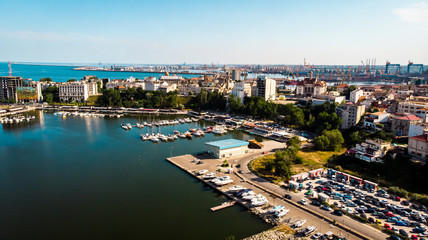 Obraz premium Aerial view of port and old town in Constanta, tourist and industrial town and popular resort in Romania.