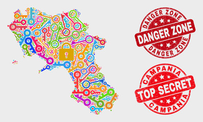 Obraz premium Privacy Campania region map and seal stamps. Red rounded Top Secret and Danger Zone textured stamps. Colored Campania region map mosaic of different privacy icons.