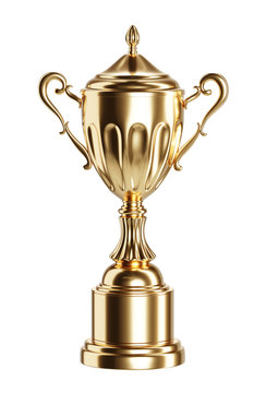 Gold trophy cup isolated on white background with clipping path included. 3D render illustration.