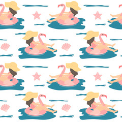 Hand drawn cute summer seamless vector pattern background illustration with beach girl swimming on pink inflatable flamingo float