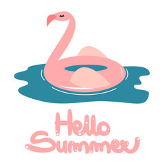 cute hand drawn lettering hello summer vector card with cartoon pink flamingo float