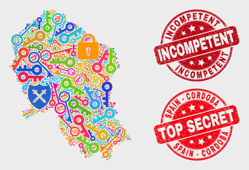 Security Cordoba Spanish Province map and seals. Red rounded Top Secret and Incompetent scratched seals. Bright Cordoba Spanish Province map mosaic of different guard elements.