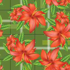 seamless red lily flower with green leaf pattern