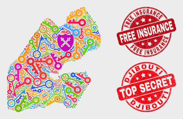 Shield Djibouti map and seal stamps. Red round Top Secret and Free Insurance textured stamps. Colorful Djibouti map mosaic of different access elements. Vector composition for security purposes.