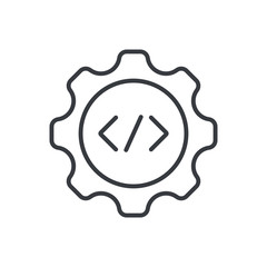 Development, ptogramming sign. Code symbol with gear. Information technology concept. Vector illustration can be used for topics like programming, computer science, software.
