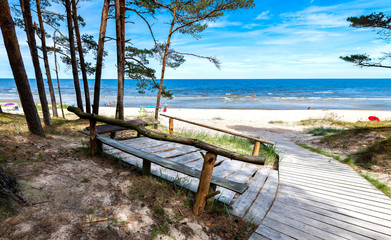 Pine forest, wooden footpath and a shore of the Baltic Sea, concept of ecological tourism in Europe