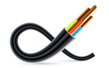 Flexible Three-wire electrical 3d cable isolated on white background. Copper multicore cable in color insulation. Close-up of the cross section. Curved power cable. Vector illustration