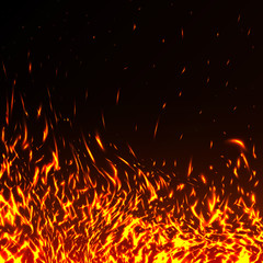 Fototapeta na wymiar Fire flames with sparks isolated on black background. Hot realistic fire texture for you design. Night camping bonfire. Glowing particles on a dark background. Vector illustration