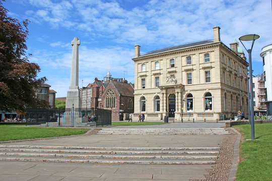 Exeter Cathedral close  and old city bank building