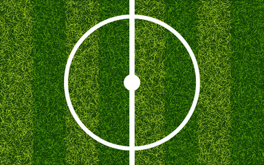 Soccer field realistic background. Football lawn backdrop template. Beautiful green grass pattern for sport field. Center of soccer field. Top view. Vector illustration