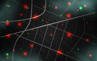 City map with location of objects. Spy technology background. Spy Screen for Search and Tracking. Satellite tracking or surveillance system. Vector illustration