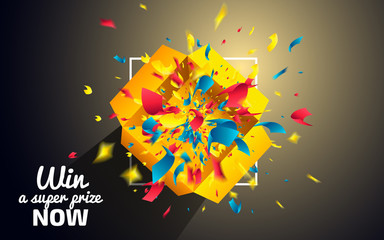 Win a Super Prize now. Surprise Box with colorful confetti explosion on dark background. Prize icon concept. Top view of a yellow Gift Box. Vector illustration