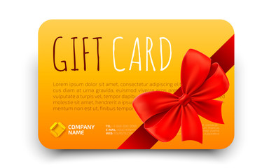 Golden Gift card template with realistic red bow. Certificate, coupon, flyer design. Discount card for shop or boutique. Vector illustration