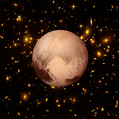 Pluto against the stars and galaxies. The elements of this image furnished by NASA.