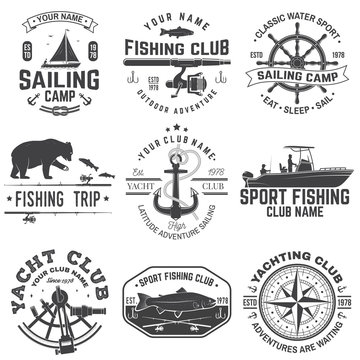 Set of sailing camp and fishing club badges. Vector. Concept for shirt, print, stamp or tee. Vintage typography design with fish rod and sailing boat silhouette. Extreme water sport.