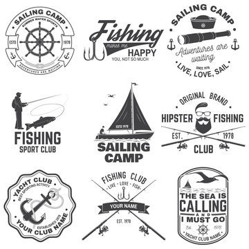Set of sailing camp and fishing club badges. Vector. Concept for shirt, print, stamp or tee. Vintage typography design with fish rod and sailing boat silhouette. Extreme water sport.