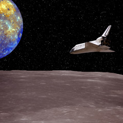 Space mission to the alien planet.  Shuttle flies above the planet landscape. The elements of this image furnished by NASA.