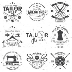 Tailor shop badge. Vector. Concept for shirt, print, stamp label or tee. Vintage typography design with sewing needle and scissors silhouette. Retro design for sewing shop business