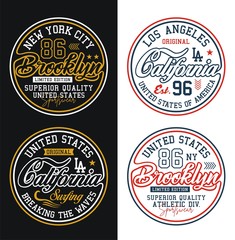 Fototapeta na wymiar Set typography California Brooklyn for t-shirt printing design and various uses, vector image.