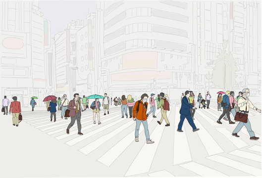 Hand drawn illustration. A crowd of people crossing the street in Tokyo Japan.