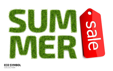 Summer sale banner concept. The word SUMMER from green grass with red sale label isolated on a white background. Letters with a lawn texture. Eco symbol collection. Vector illustration