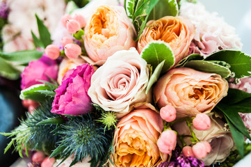 Beautiful wedding bouquet in bride hands before wedding ceremony