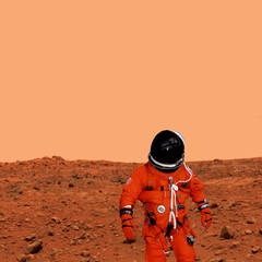 Astronaut makes steps on the alien planet ground. The elements of this image furnished by NASA.