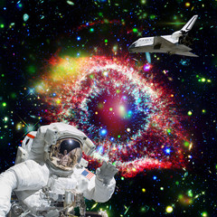 Fototapeta na wymiar Astronaut in outer space. Shuttle on the backdrop. The elements of this image furnished by NASA.