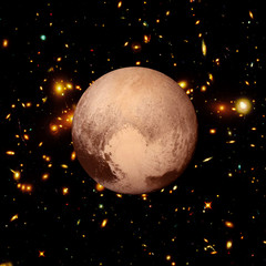 Pluto against the stars and galaxies. The elements of this image furnished by NASA.